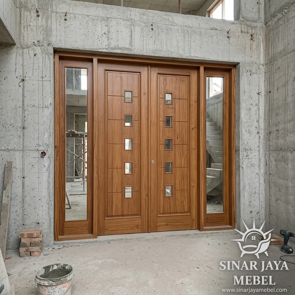 Pintu double door jati modern + 2 sidelight kaca vertikal, terpasang di rumah 2 lantai — Sinar Jaya Mebel Tegal