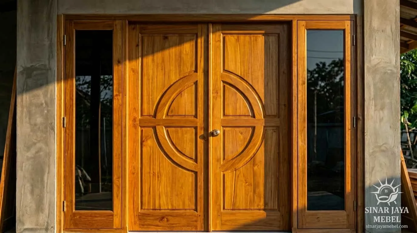 Pintu jati motif lingkaran custom dari Sinar Jaya Mebel Tegal, tampak serat kayu jati asli