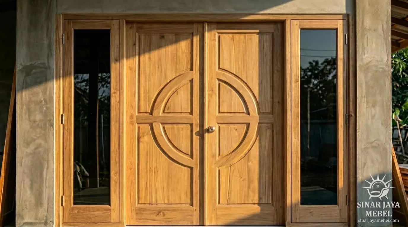 Set pintu jati motif lingkaran + sidelight kaca, terpasang di rumah klien Tegal