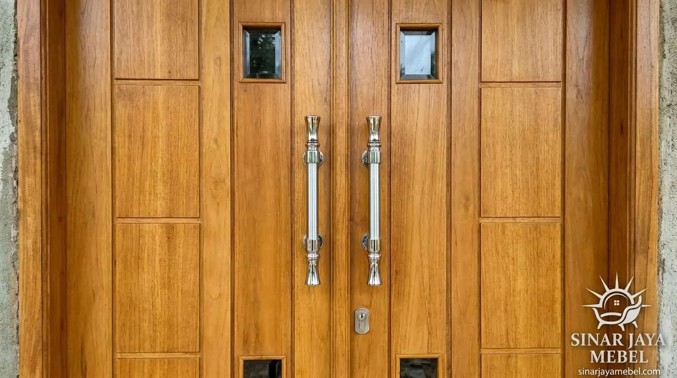 Pintu jati panel modern double door dengan handle stainless, hasil workshop Sinar Jaya Mebel Tegal