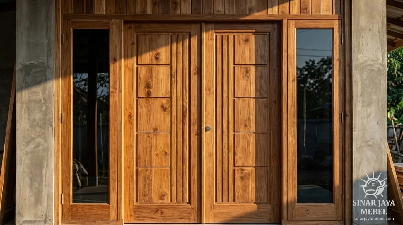 Set pintu jati + 2 sidelight kaca, terpasang di rumah klien — tampak serat kayu natural · Sinar Jaya Mebel Tegal
