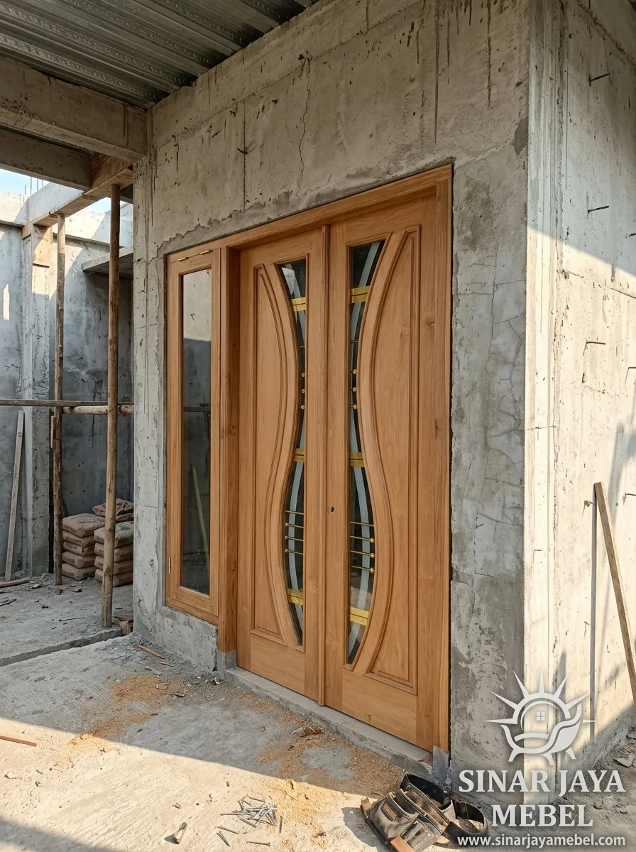 Set pintu jati + sidelight kaca lengkung terpasang, tampak dari luar — workshop Sinar Jaya Mebel Tegal