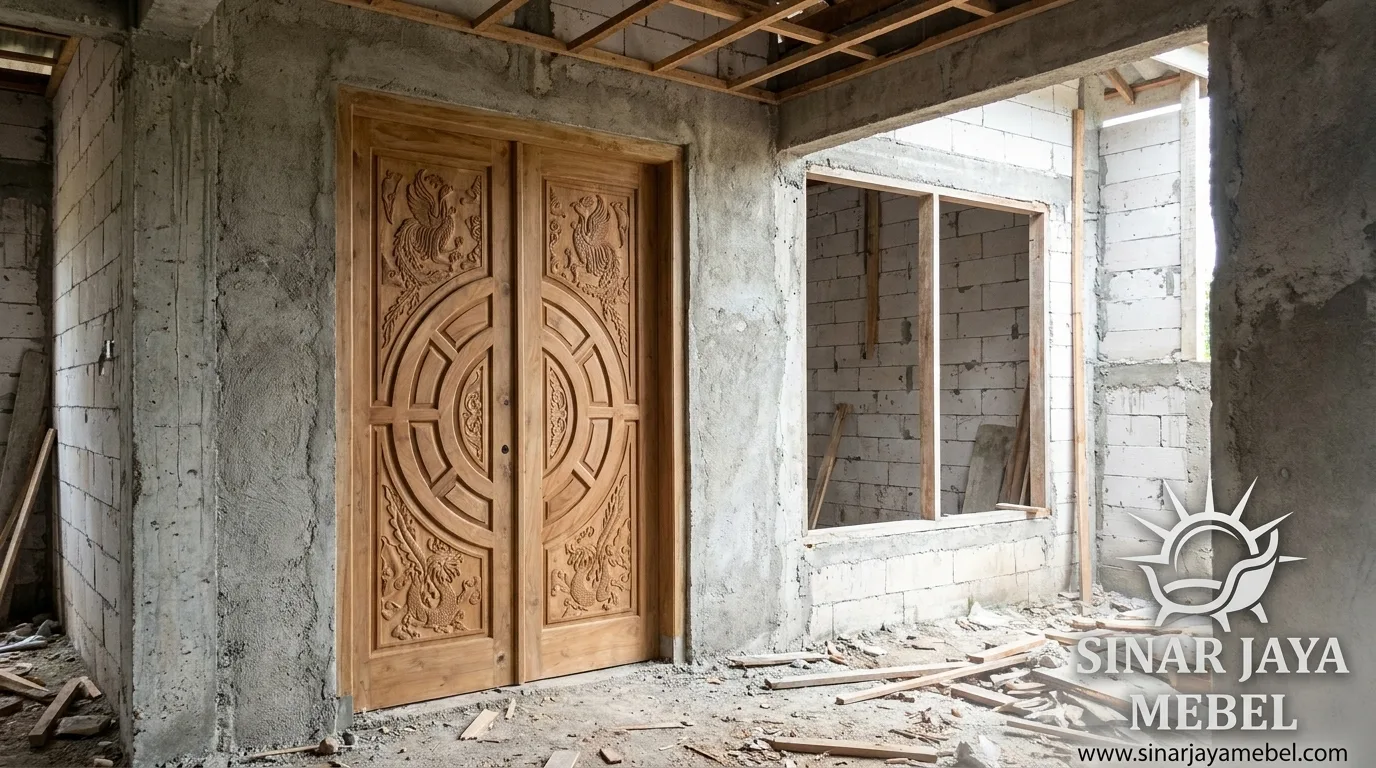 Pintu jati ukiran motif lingkaran relief tangan — double door custom, terpasang di rumah klien Tegal