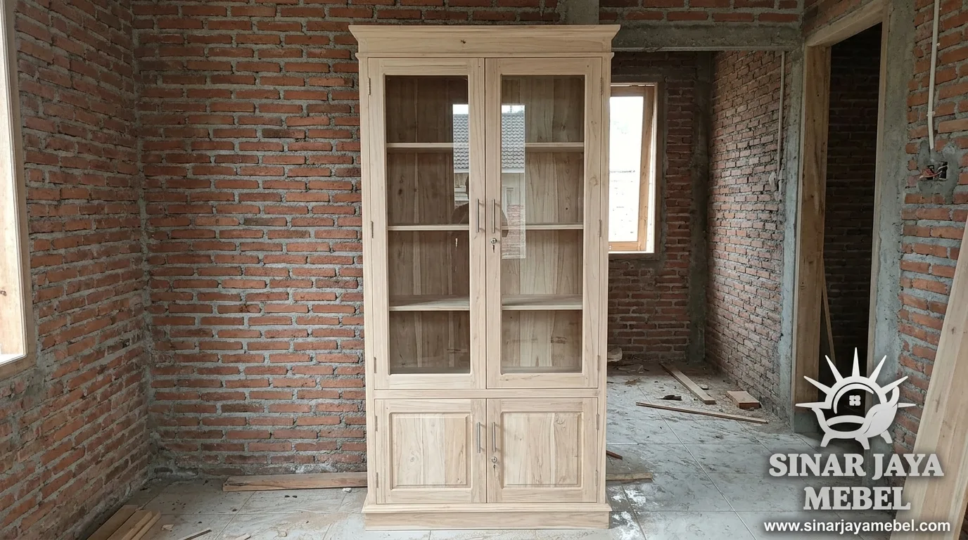 Rak buku display kaca jati 2 pintu kaca atas + 2 pintu kabinet bawah — Sinar Jaya Mebel Tegal